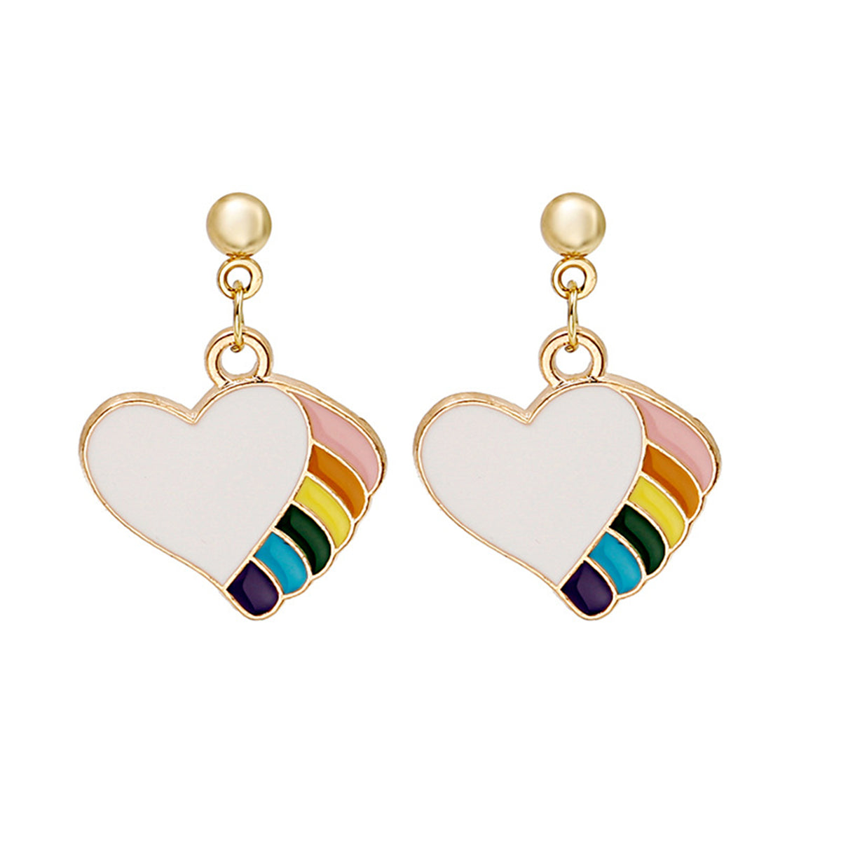Multicolor Enamel and 18K Gold-Plated Rainbow Heart Drop Earrings, gold drop earrings for women, front view