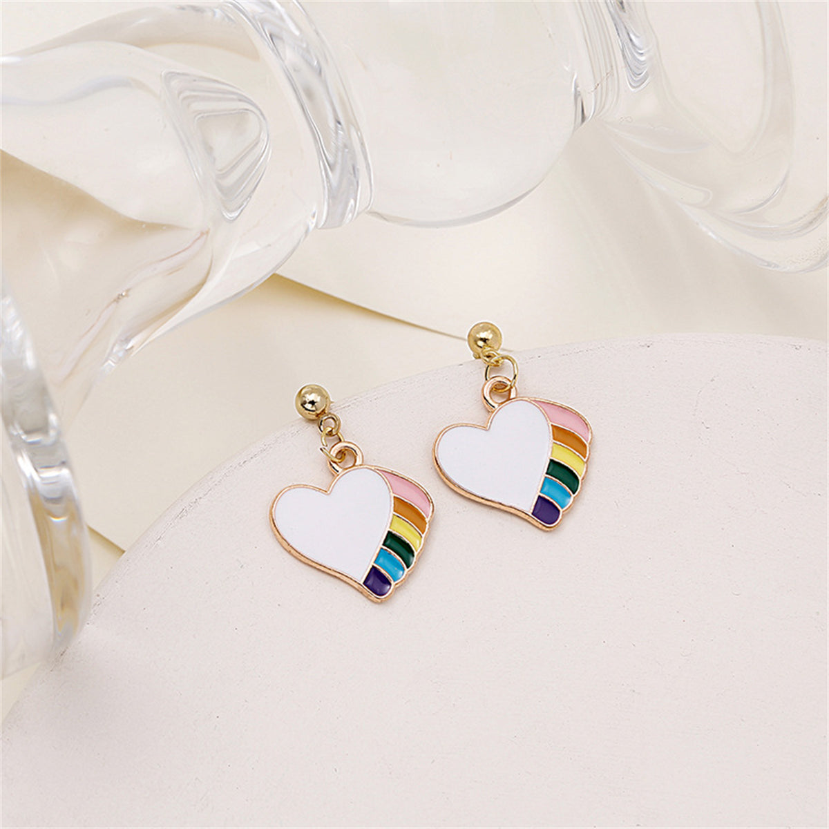 Multicolor Enamel & 18K Gold-Plated Rainbow Heart Drop Earrings