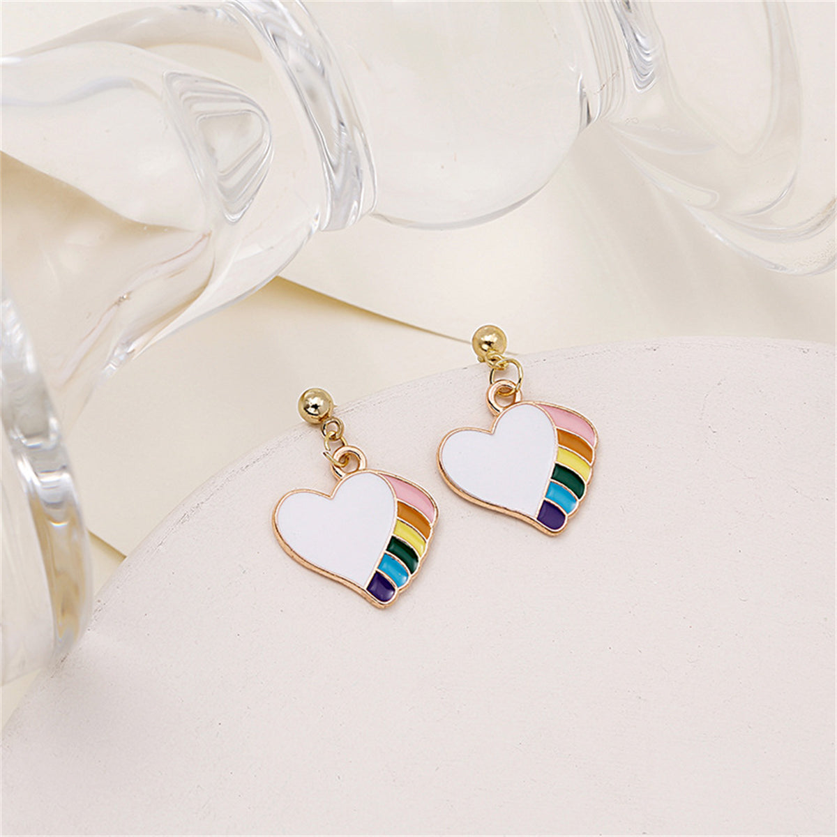 Multicolor Enamel and 18K Gold-Plated Rainbow Heart Drop Earrings, gold drop earrings for women, lifestyle look