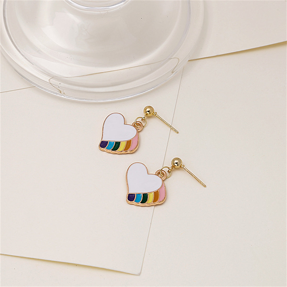 Multicolor Enamel and 18K Gold-Plated Rainbow Heart Drop Earrings, gold drop earrings for women, detail close-up