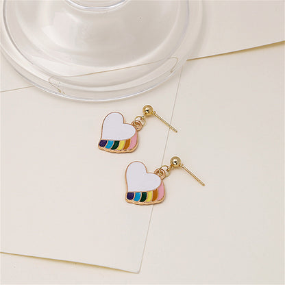 Multicolor Enamel and 18K Gold-Plated Rainbow Heart Drop Earrings, gold drop earrings for women, detail close-up