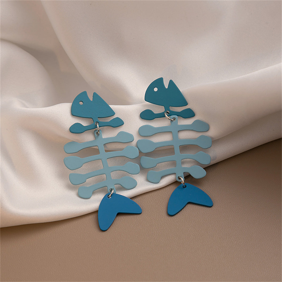 Blue Enamel and Silver-Plated Fishbone Drop Earrings, silver drop earrings for women, elegant gift for her, front view