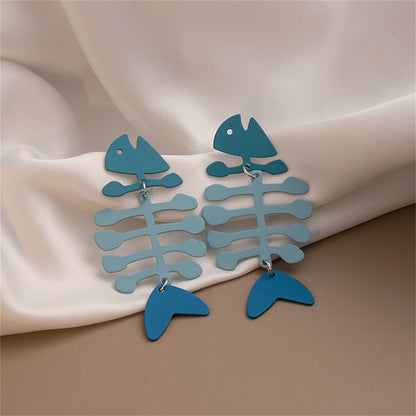 Blue Enamel and Silver-Plated Fishbone Drop Earrings, silver drop earrings for women, elegant gift for her, front view