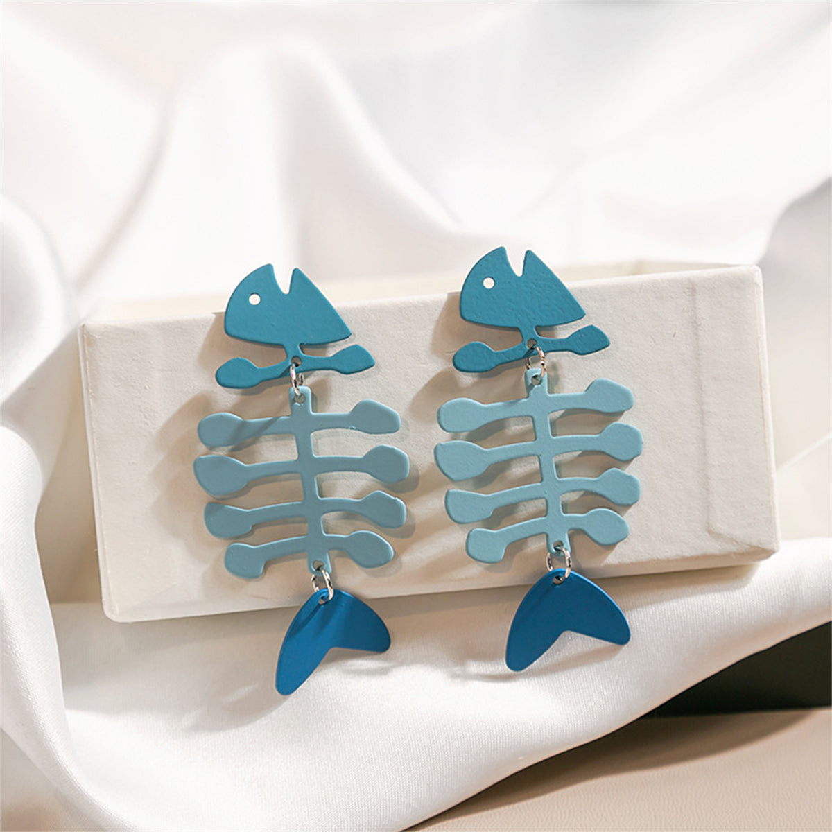Blue Enamel and Silver-Plated Fishbone Drop Earrings, silver drop earrings for women, elegant gift for her, side view