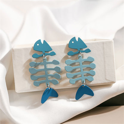Blue Enamel and Silver-Plated Fishbone Drop Earrings, silver drop earrings for women, elegant gift for her, side view