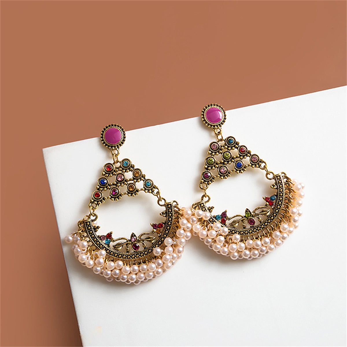 Multicolor Cubic Zirconia & Pearl 18K Gold-Plated Tassel Drop Earrings
