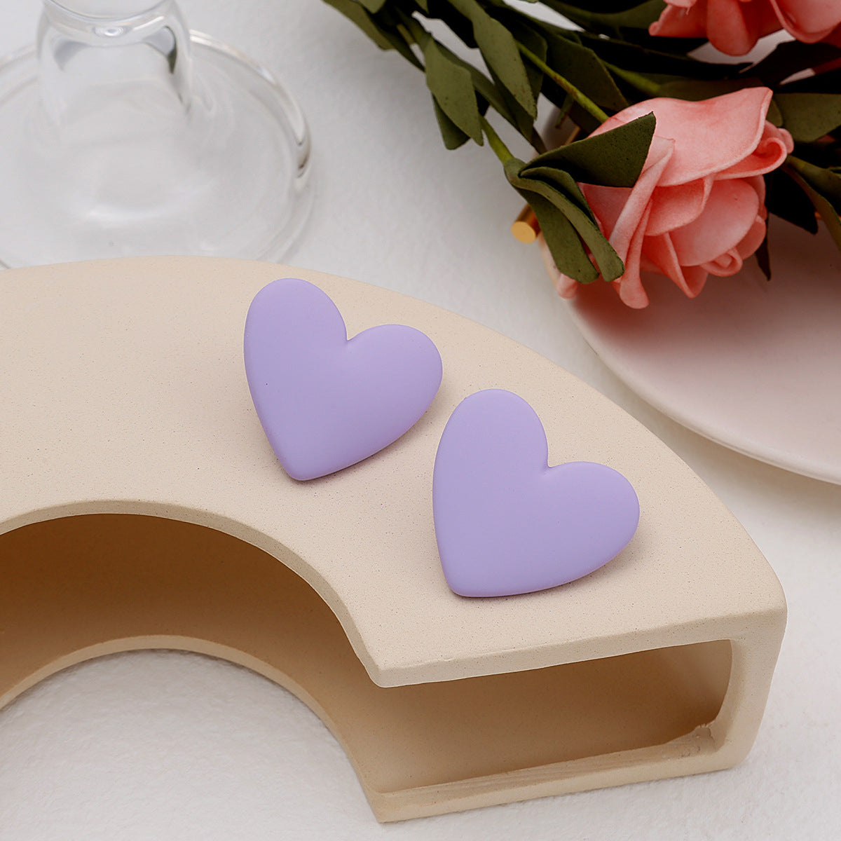 Purple Acrylic Heart Stud Earrings, stud earrings for women, botanical inspired, front view
