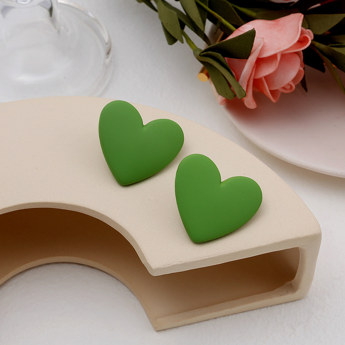 Green Acrylic and Silver-Plated Heart Stud Earrings, silver stud earrings for women, vintage-inspired design, front view