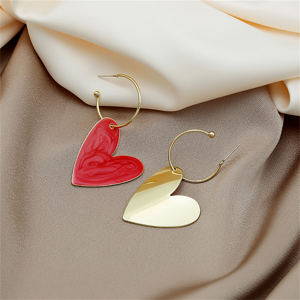 Red Enamel and 18K Gold-Plated Heart Huggie Earrings, gold huggie earrings, vintage-inspired design, side view
