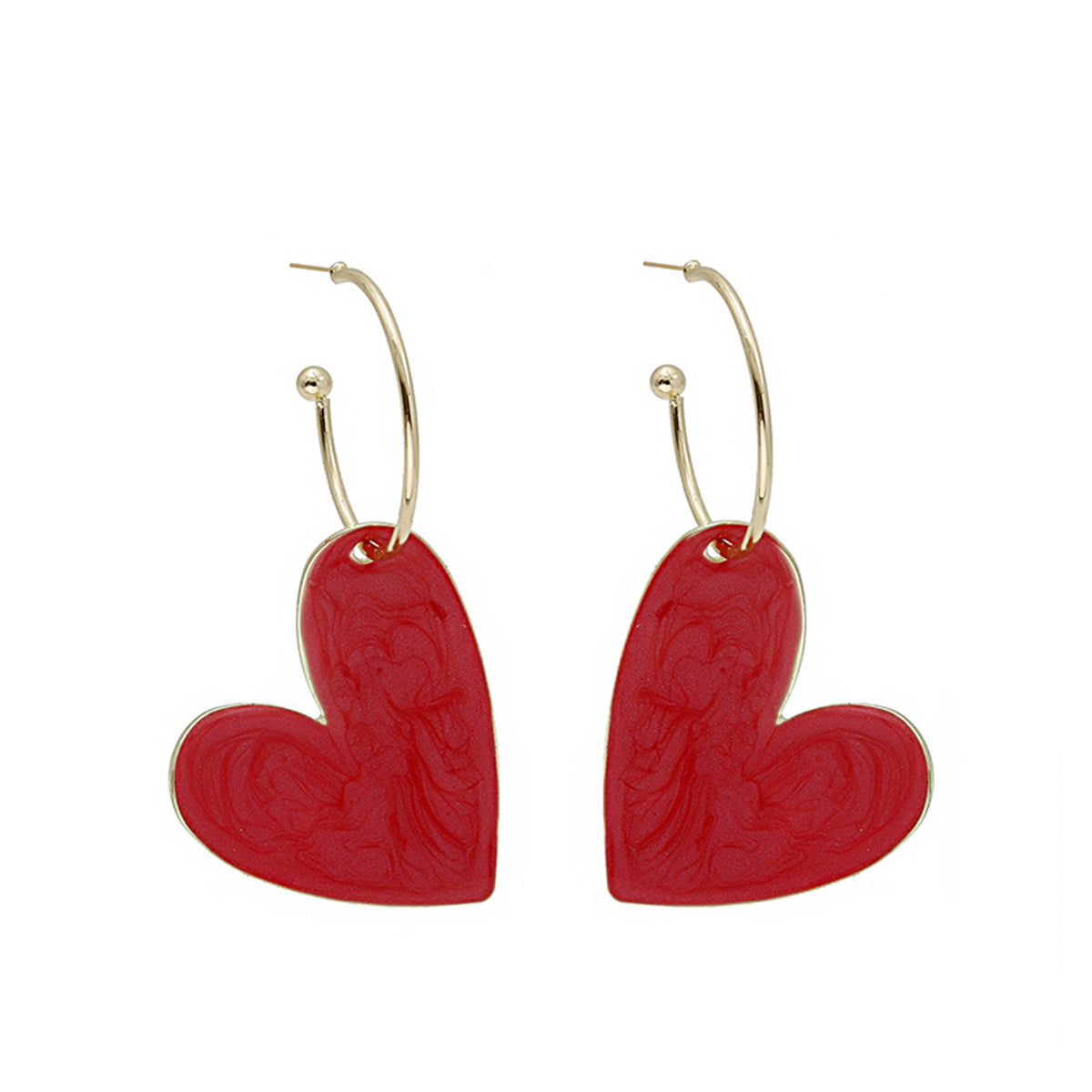 Red Enamel and 18K Gold-Plated Heart Huggie Earrings, gold huggie earrings, vintage-inspired design, front view