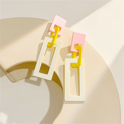 Beige and Silver-Plated Interlocked Rectangle Drop Earrings, silver drop earrings for women, everyday style, front view