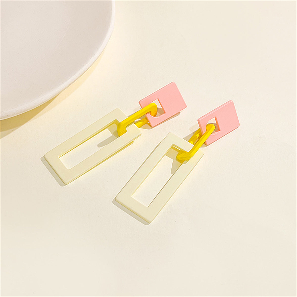 Beige and Silver-Plated Interlocked Rectangle Drop Earrings, silver drop earrings for women, everyday style, side view