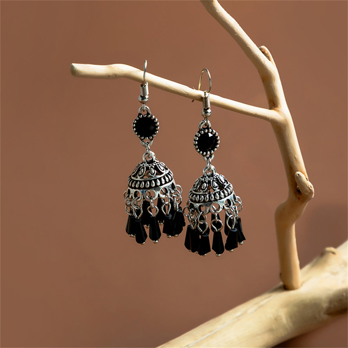 Black Acrylic and Silver-Plated Boho Tassel Drop Earrings, silver drop earrings for women, detail close-up