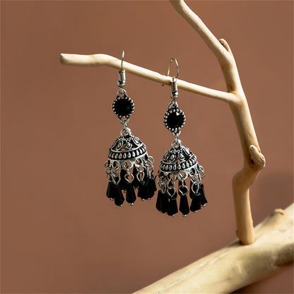 Black Acrylic and Silver-Plated Boho Tassel Drop Earrings, silver drop earrings for women, detail close-up