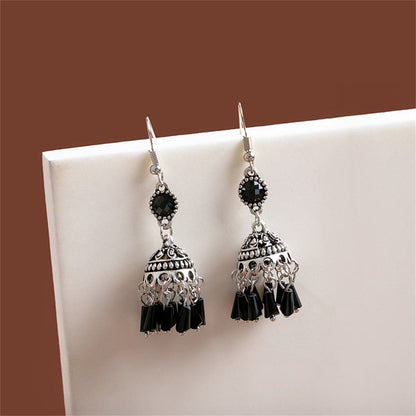 Black Acrylic and Silver-Plated Boho Tassel Drop Earrings, silver drop earrings for women, elegant gift for her, front view