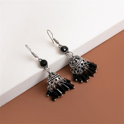 Black Acrylic and Silver-Plated Boho Tassel Drop Earrings, silver drop earrings for women, elegant gift for her, styled look