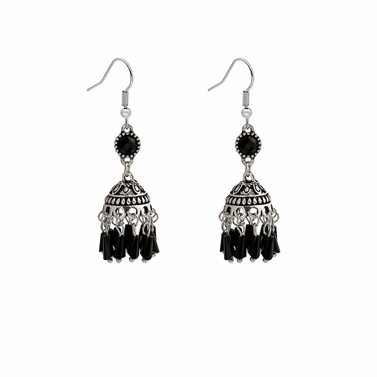 Black Acrylic and Silver-Plated Boho Tassel Drop Earrings, silver drop earrings for women, elegant gift for her, side view
