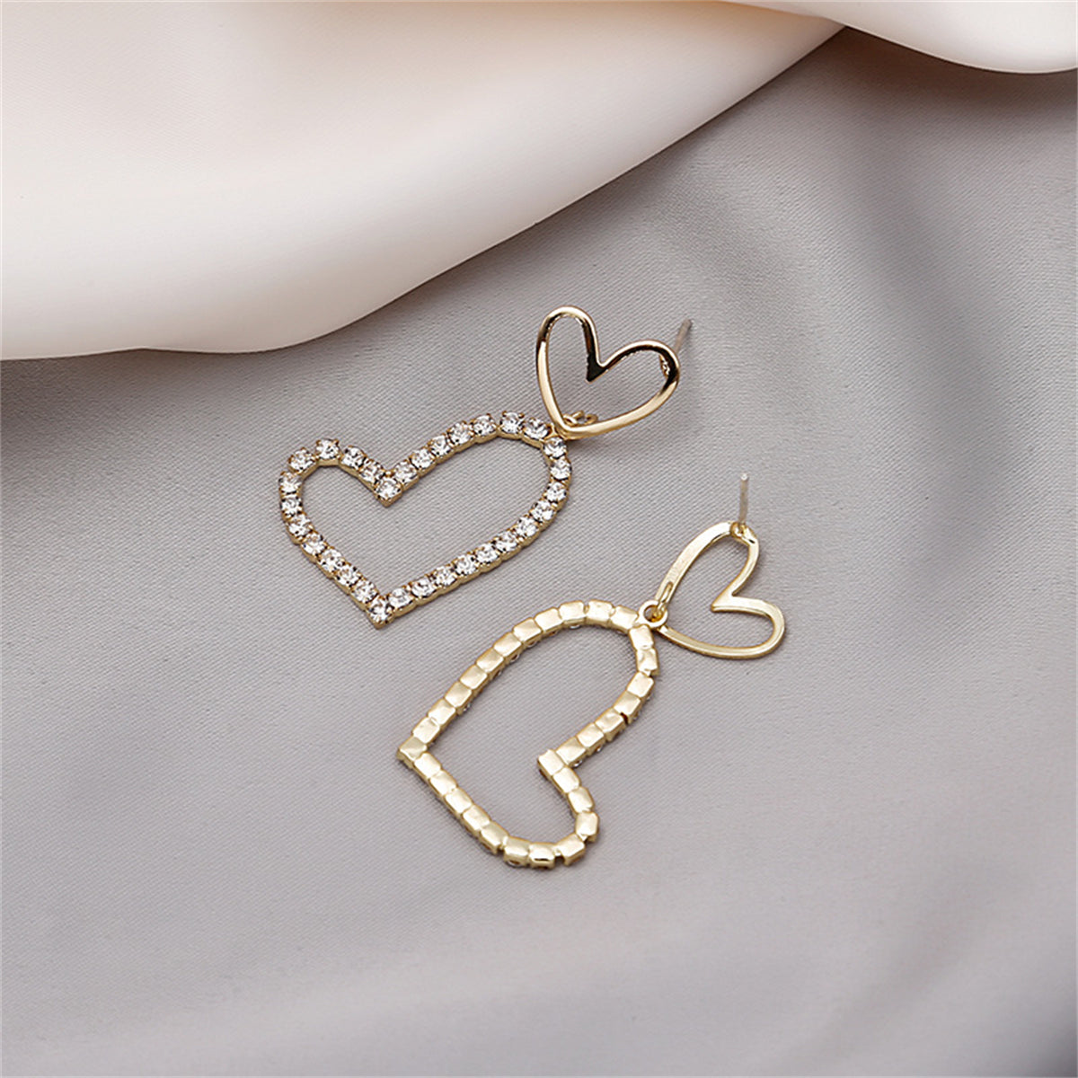 Cubic Zirconia and 18K Gold-Plated Open Heart Drop Earrings, gold drop earrings for women, botanical inspired, front view