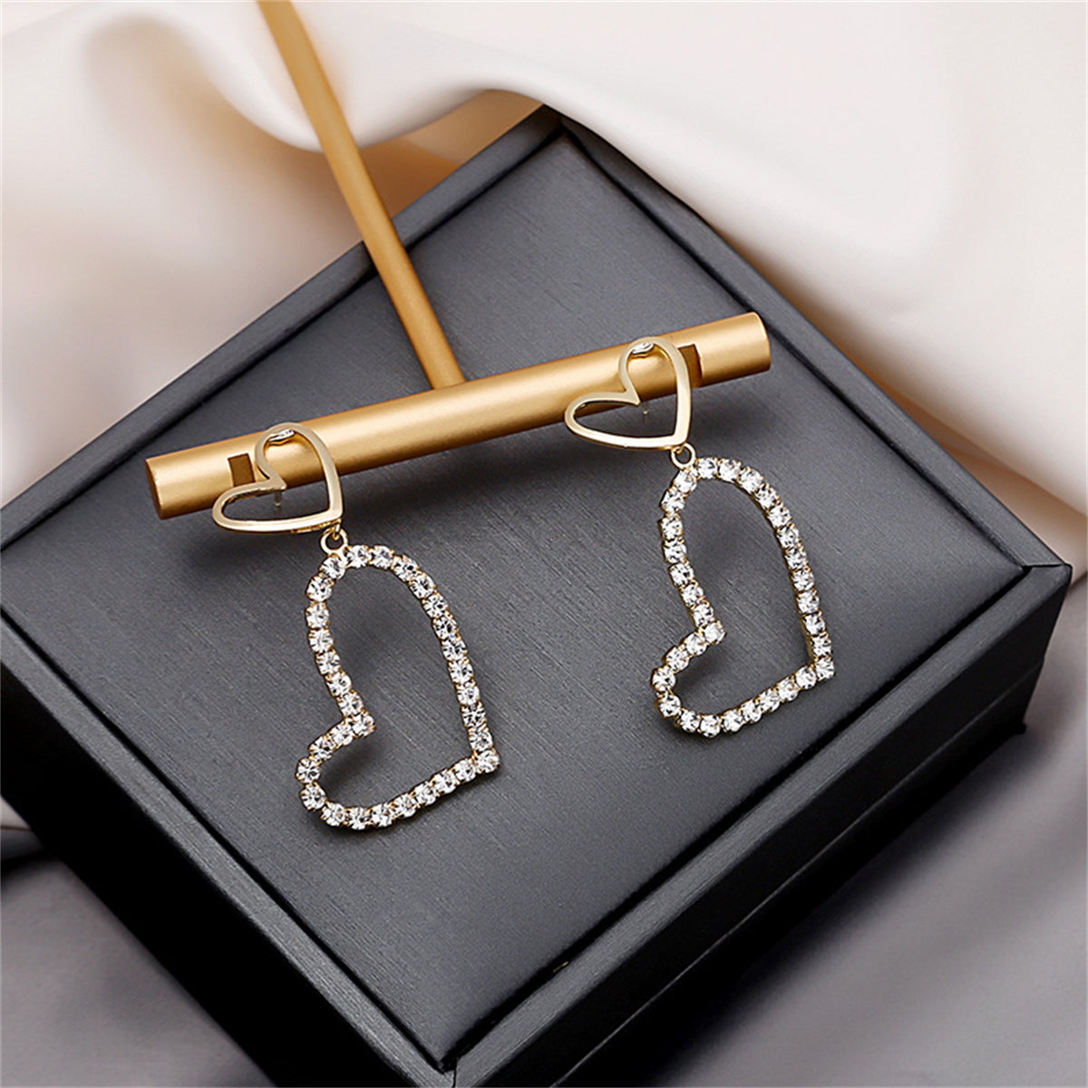 Cubic Zirconia and 18K Gold-Plated Open Heart Drop Earrings, gold drop earrings for women, detail close-up