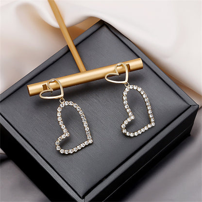 Cubic Zirconia and 18K Gold-Plated Open Heart Drop Earrings, gold drop earrings for women, detail close-up