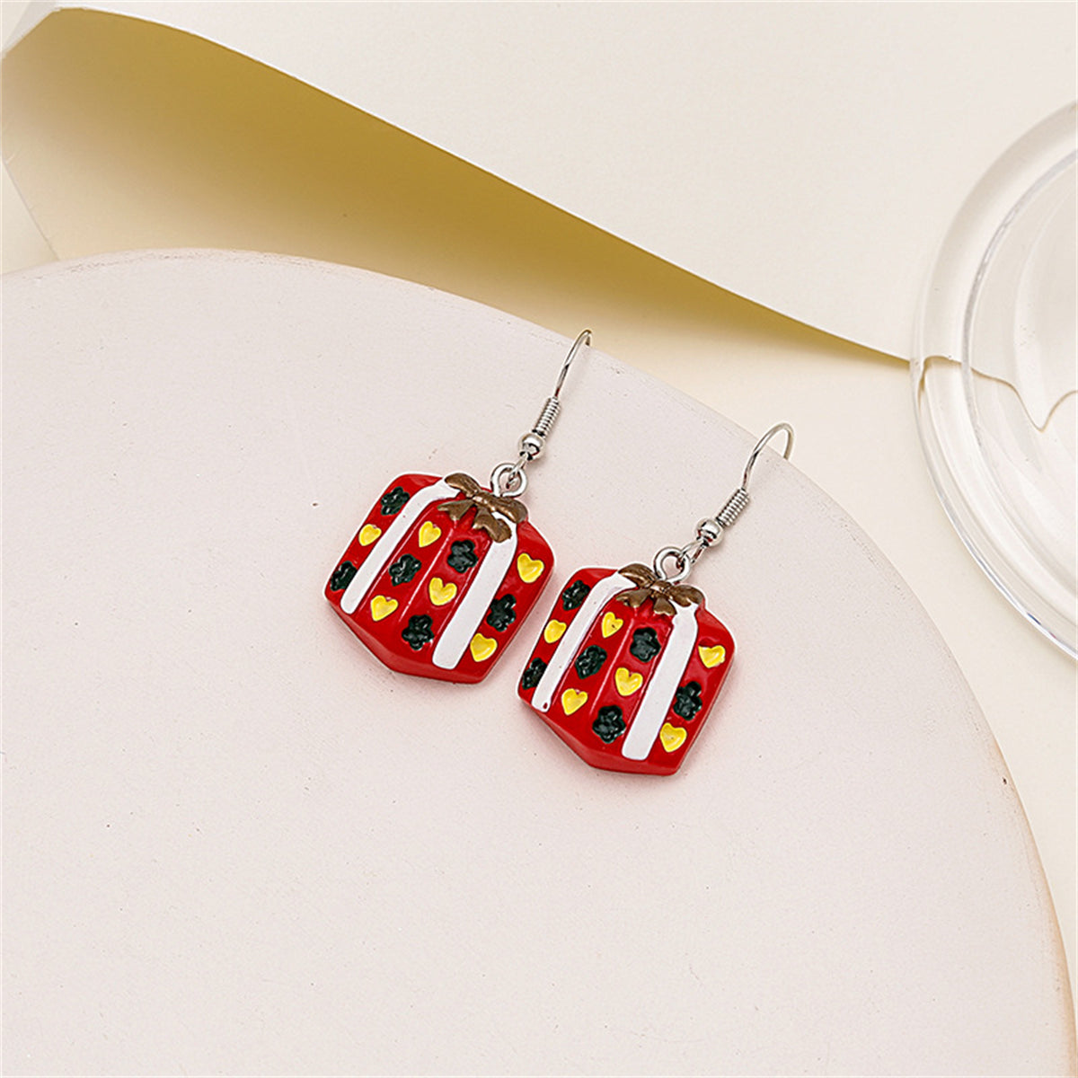 Red Resin and Silver-Plated Gift Box Drop Earrings, silver drop earrings for women, elegant gift for her, side view