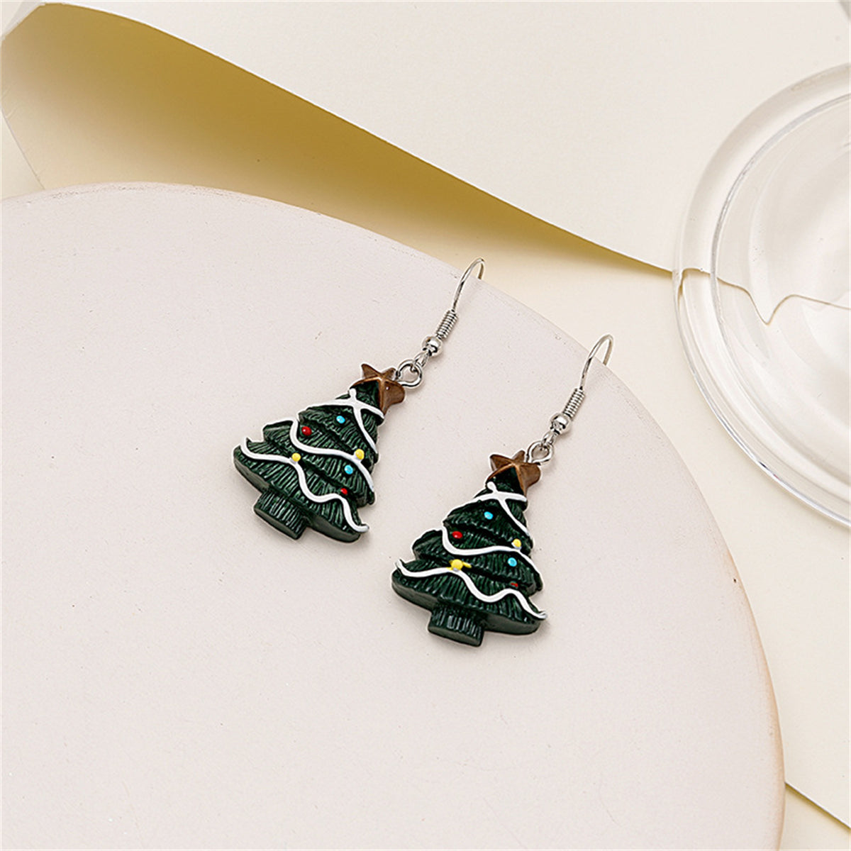 Green Resin and Silver-Plated Christmas Tree Drop Earrings, silver drop earrings for women, everyday style, front view