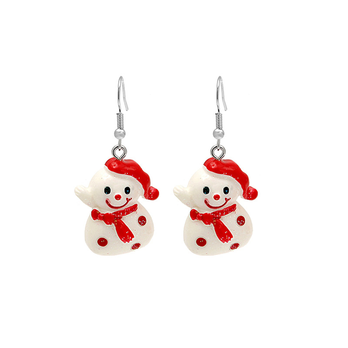 White and Red Resin Snowman Drop Earrings, drop earrings for women, everyday style, front view