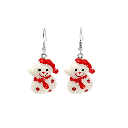 White and Red Resin Snowman Drop Earrings, drop earrings for women, everyday style, front view