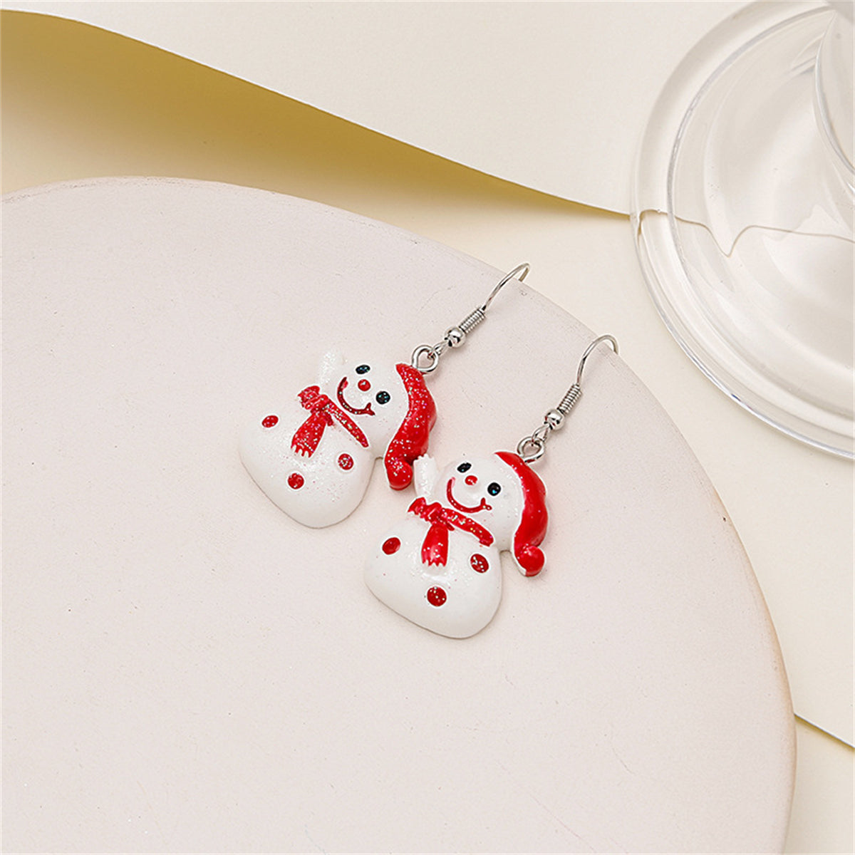White and Red Resin Snowman Drop Earrings, drop earrings for women, everyday style, side view