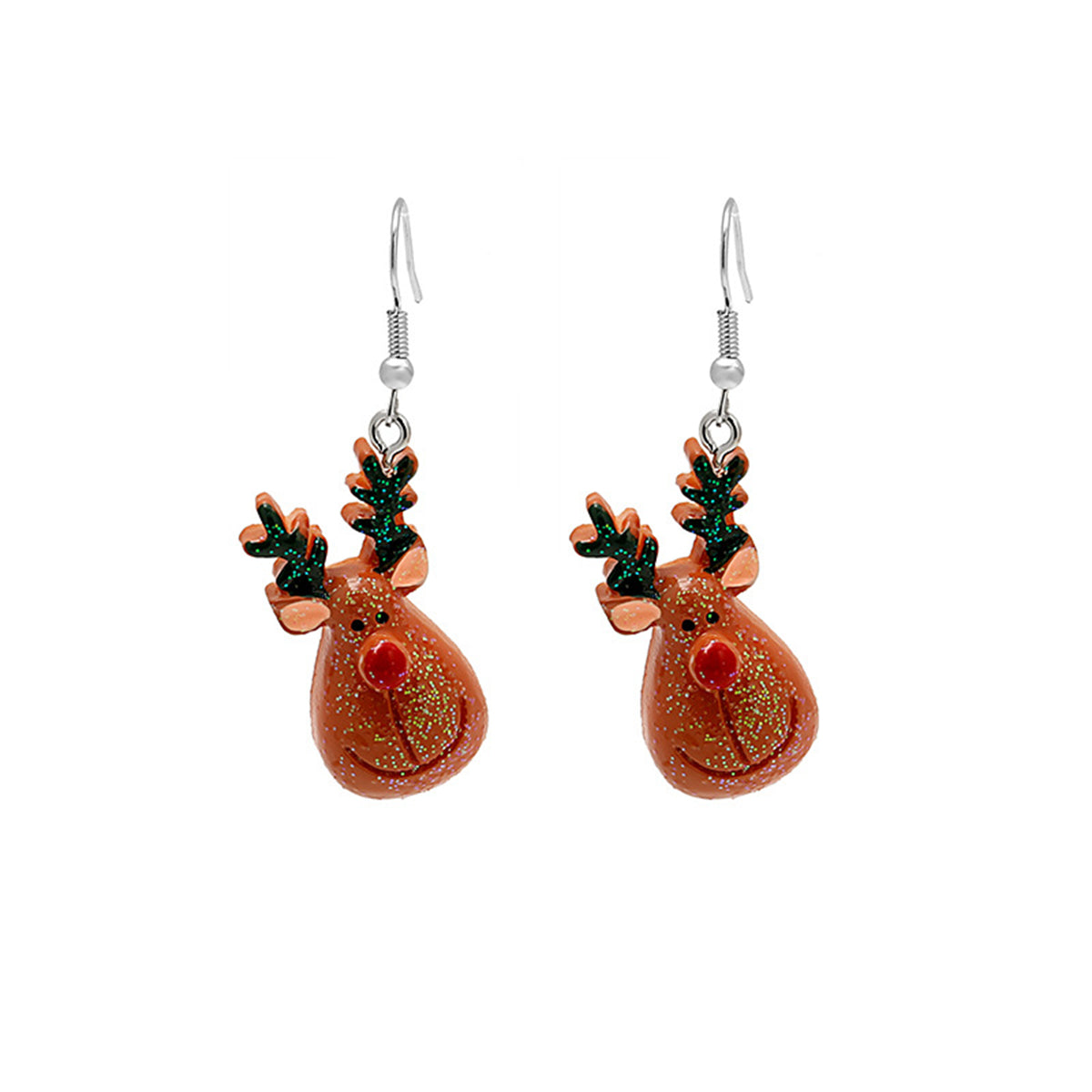 Brown and Green Reindeer Drop Earrings, drop earrings for women, elegant gift for her, front view