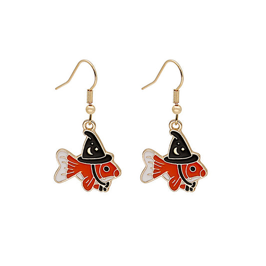 Orange Enamel and 18K Gold-Plated Witch Fish Drop Earrings, gold drop earrings for women, everyday style, front view