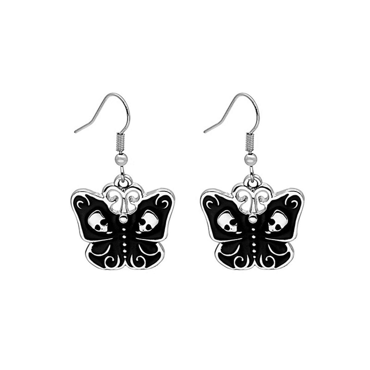 Black and Silver-Plated Skull Butterfly Drop Earrings, silver drop earrings for women, everyday style, lifestyle look