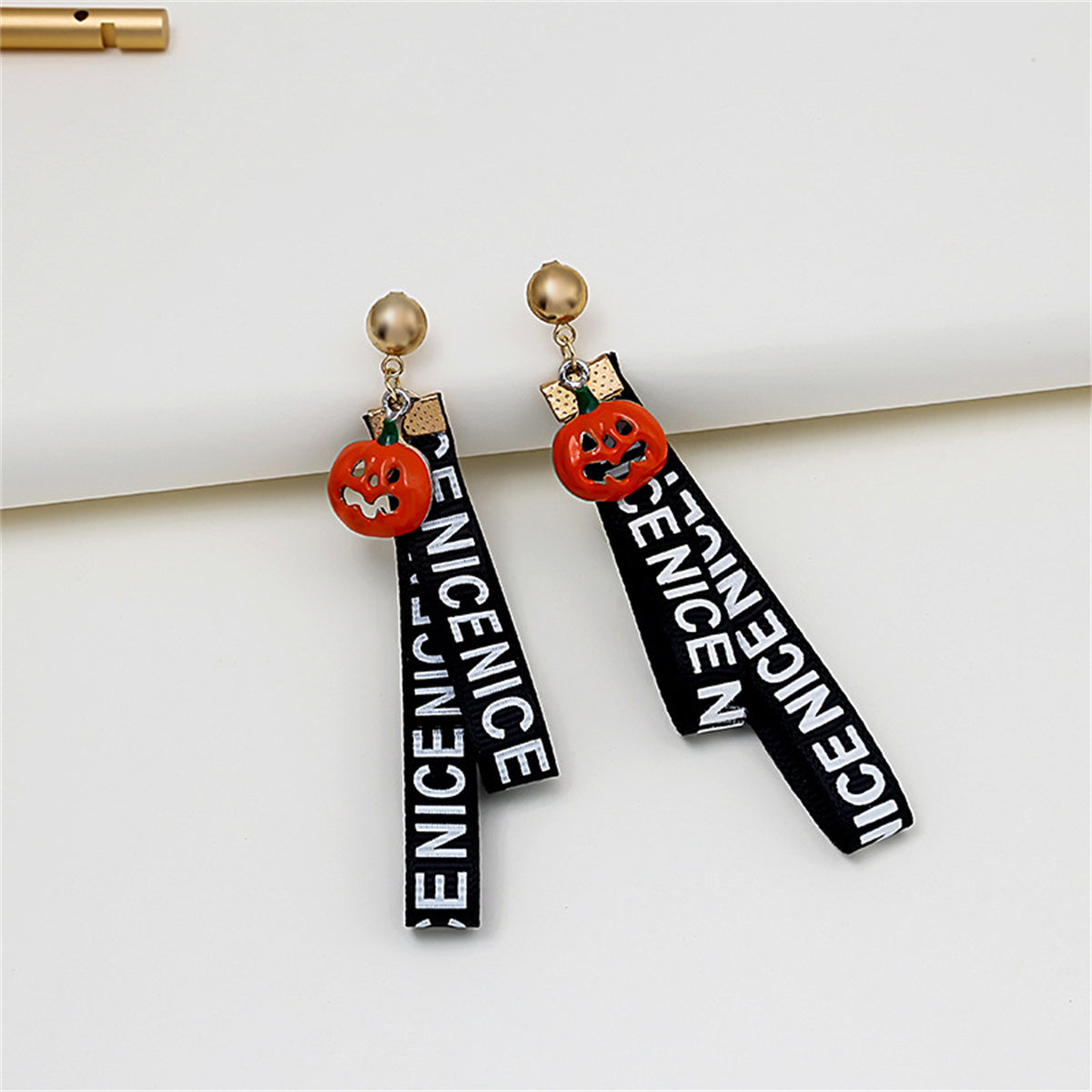 Black Polyster and 18K Gold-Plated Pumpkin 'Nice' Layered Drop Earrings, gold drop earrings for women, front view
