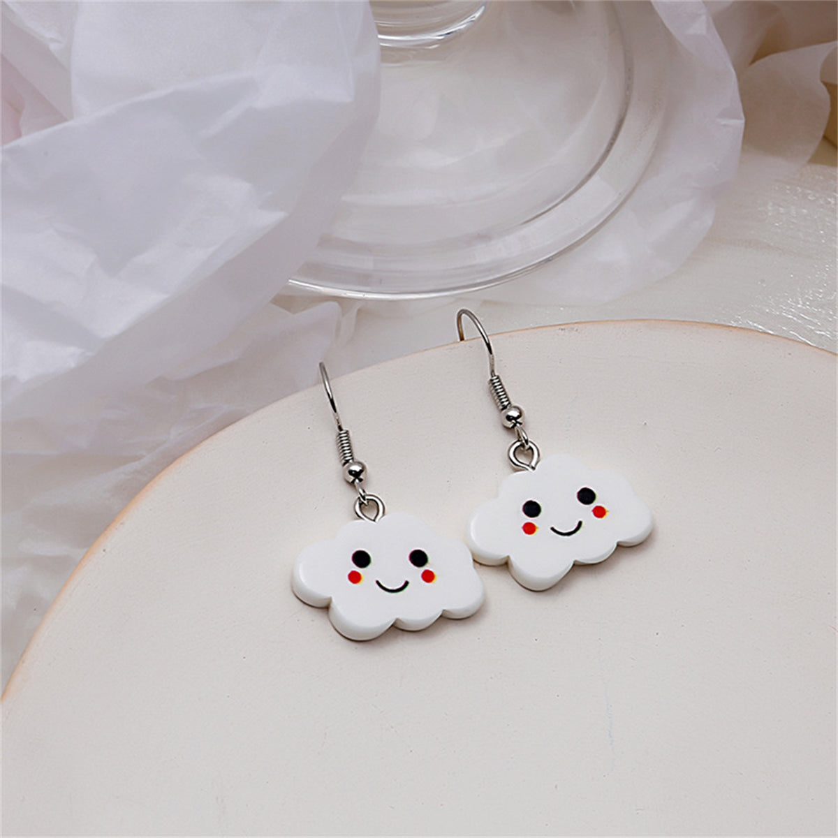 White Acrylic and Silver-Plated Cloud Drop Earrings, silver drop earrings for women, dainty minimalist design, side view