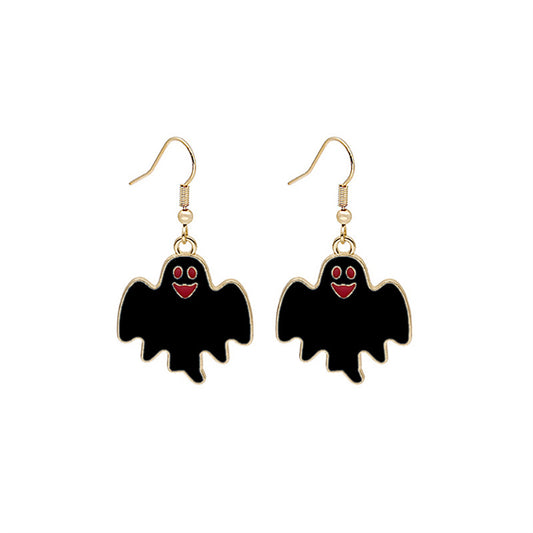 Black Enamel and 18K Gold-Plated Happy Ghost Drop Earrings, gold drop earrings for women, elegant gift for her, front view