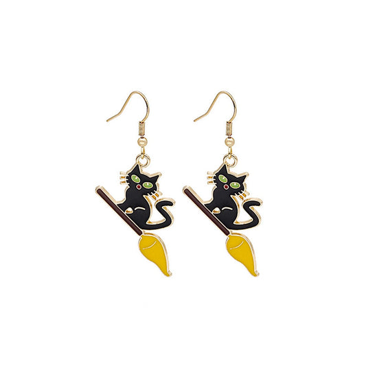 Green Enamel and 18K Gold-Plated Broom Cat Drop Earrings, gold drop earrings for women, dainty minimalist design, front view