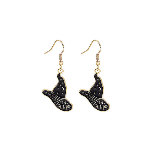 Black Enamel and 18K Gold-Plated 'Wizard In Training' Drop Earrings, gold drop earrings for women, front view