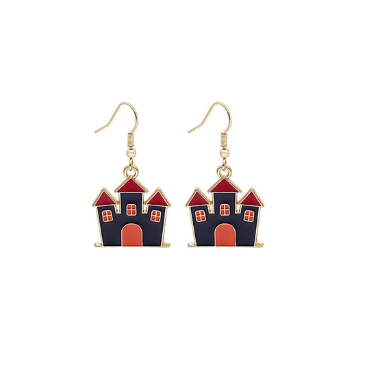 Red Enamel and 18K Gold-Plated Castle Drop Earrings, gold drop earrings for women, dainty minimalist design, front view