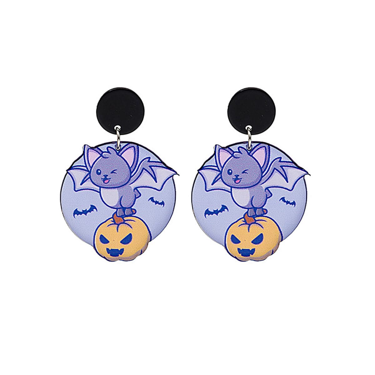 Purple and Black Bat Pumpkin Drop Earrings, drop earrings for women, everyday style, side view