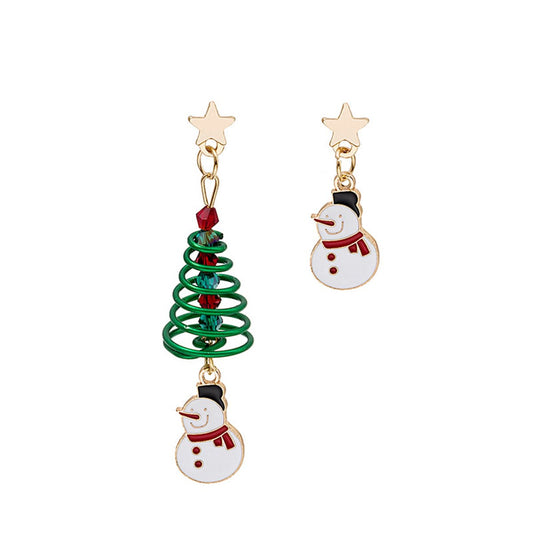 Cubic Zirconia and Enamel 18K Gold-Plated Tree and Snowman Mismatched Drop Earrings, gold drop earrings for women, front view