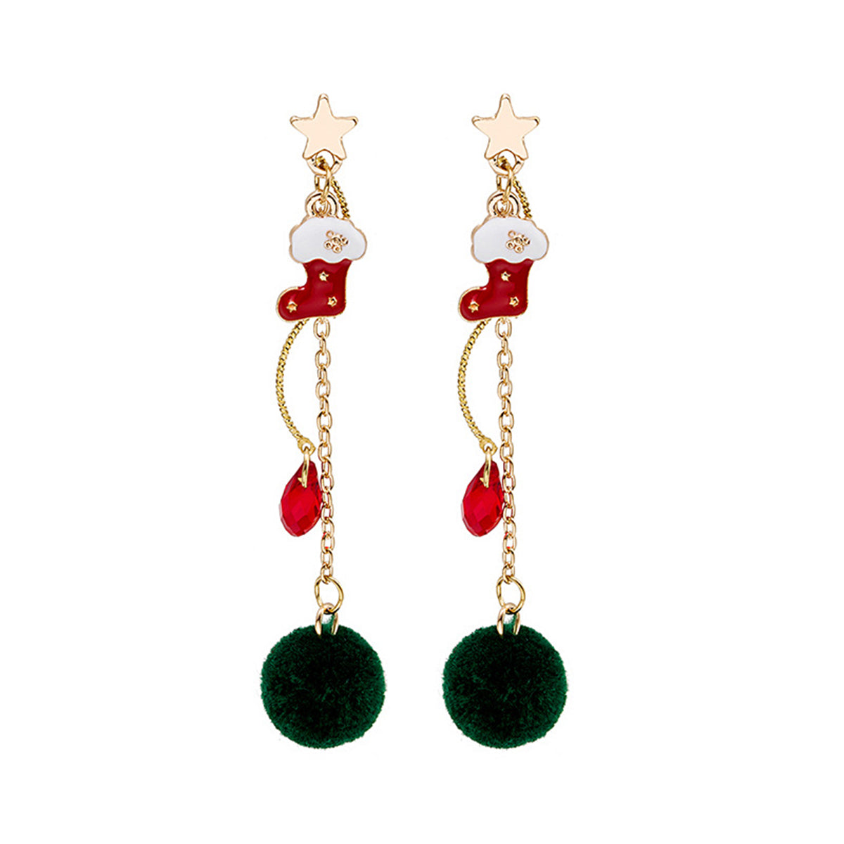 Crystal and Enamel 18K Gold-Plated Star and Boot Pom-Pom Drop Earrings, gold drop earrings for women, front view