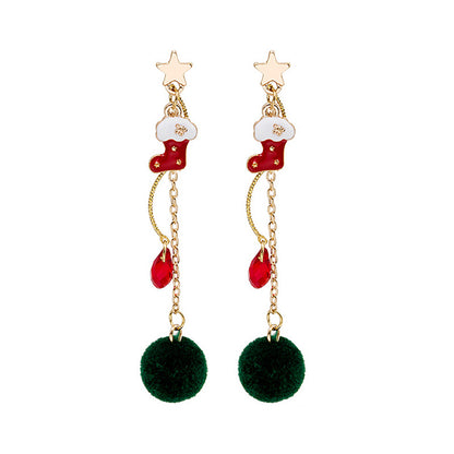 Crystal and Enamel 18K Gold-Plated Star and Boot Pom-Pom Drop Earrings, gold drop earrings for women, front view