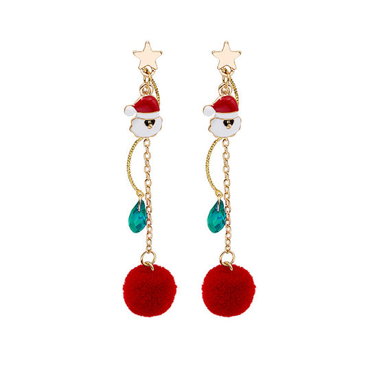Crystal and Enamel 18K Gold-Plated Santa and Star Pom-Pom Drop Earrings, gold drop earrings for women, front view