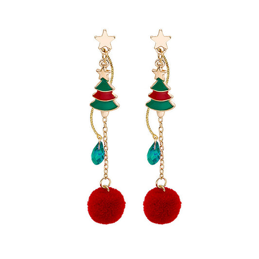 Crystal and Enamel 18K Gold-Plated Star and Tree Pom-Pom Drop Earrings, gold drop earrings for women, front view