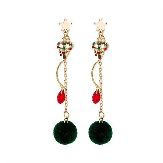 Crystal and Enamel 18K Gold-Plated Star and Candy Cane Pom-Pom Drop Earrings, gold drop earrings for women, front view