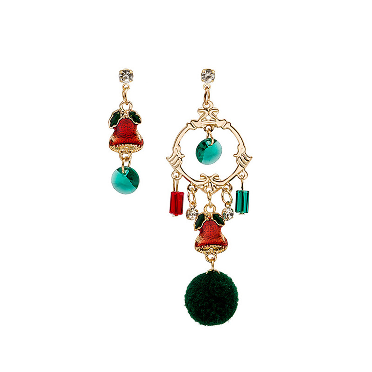 Cubic Zirconia and Enamel 18K Gold-Plated Pom-Pom Bell Mismatched Drop Earrings, gold drop earrings for women, front view