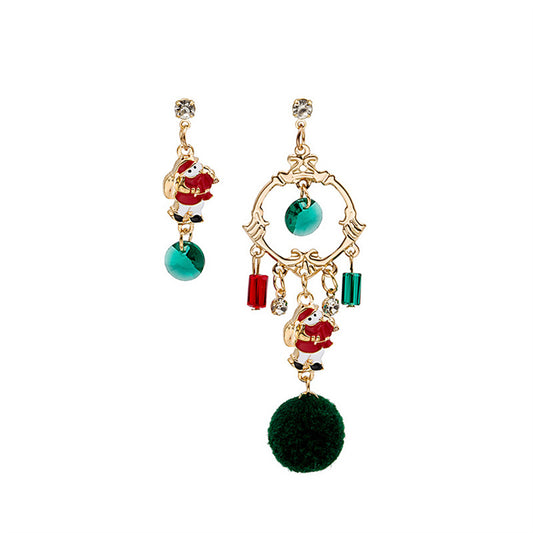 Cubic Zirconia and Enamel 18K Gold-Plated Pom-Pom Santa Mismatched Drop Earrings, gold drop earrings for women, front view