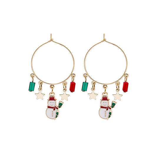 Red Enamel and 18K Gold-Plated Star and Snowman Hoop Earrings, gold drop earrings for women, front view