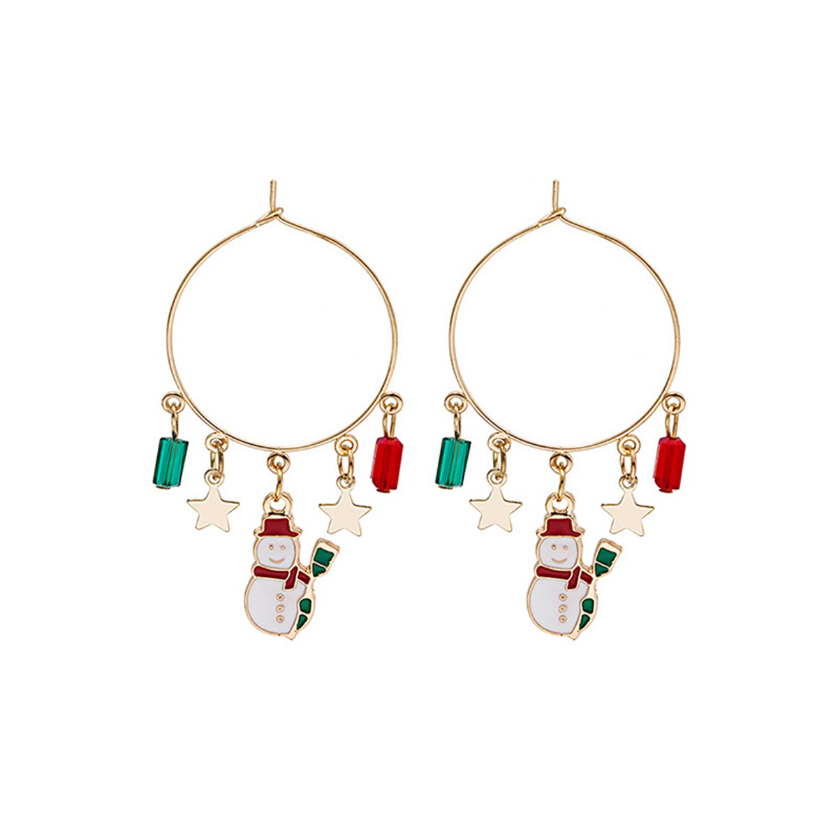 Red Enamel & 18K Gold-Plated Star & Snowman Hoop Earrings