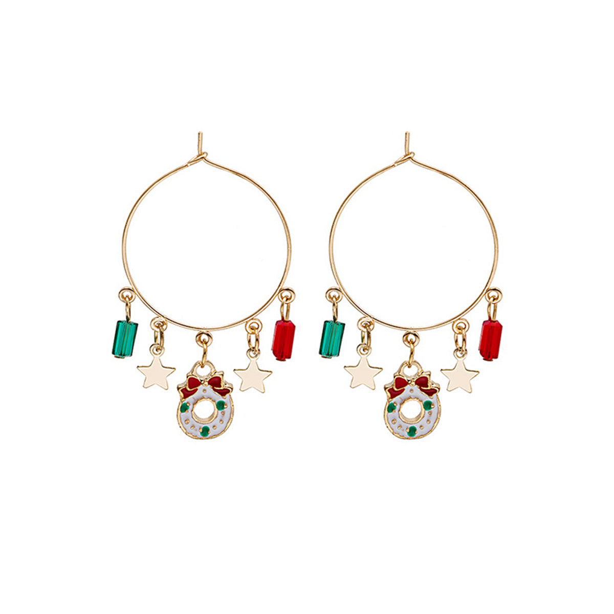 Red Enamel and 18K Gold-Plated Star and Wreath Hoop Earrings, gold drop earrings for women, front view